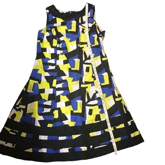 Ashley Stewart linen blend A line midi geometric design blue, yellow and black s - Picture 11 of 13